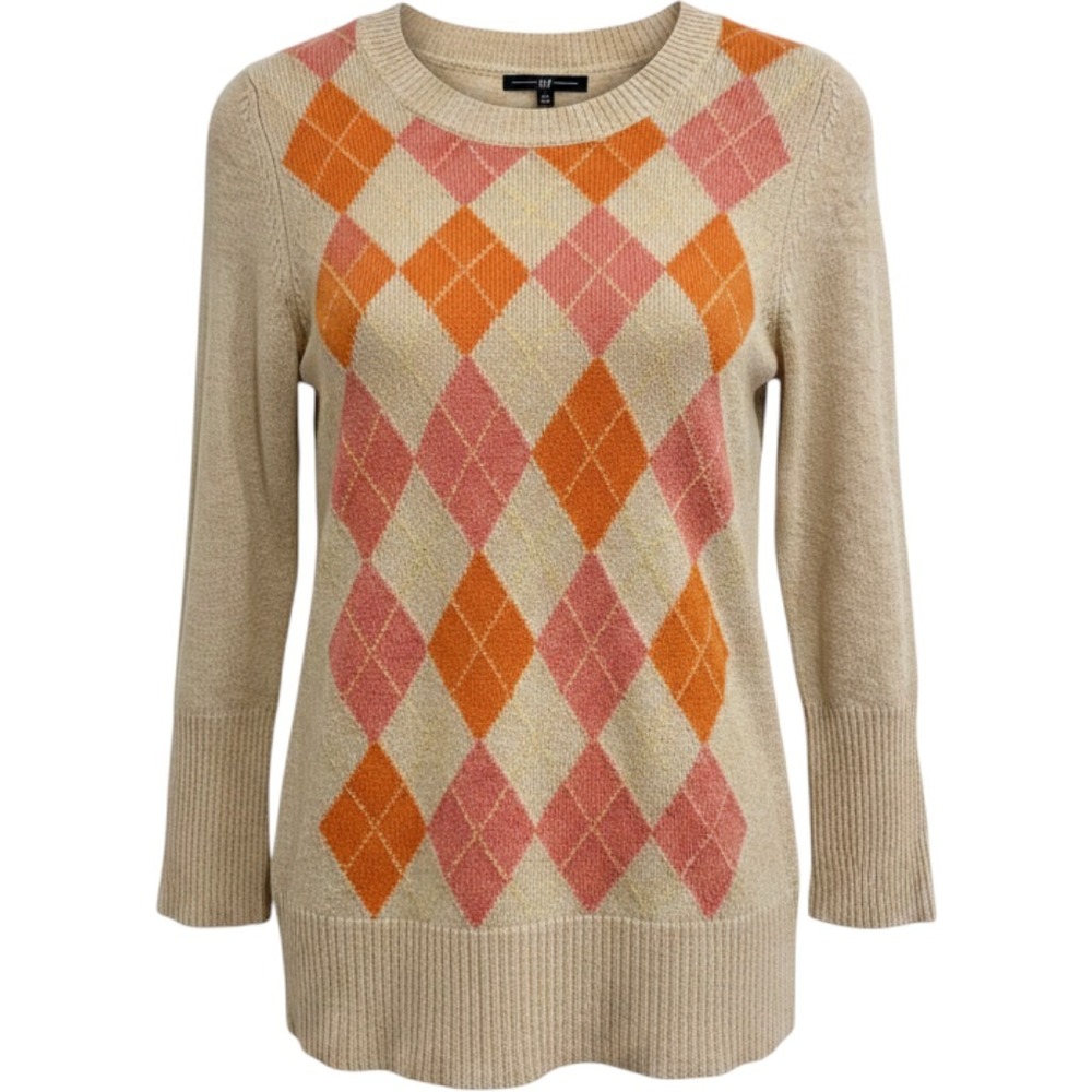 Gap Y2K Beige, Pink, Orange Argyle Lambswool Blend Sweater Size Medium